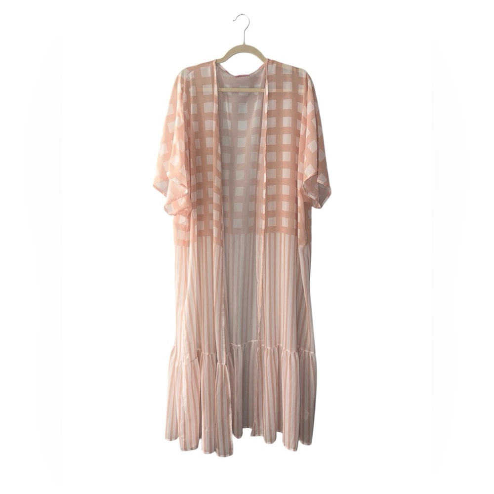 Pink Lily Pink Blush and White Sheer Stripe Checkered Kimono Top
